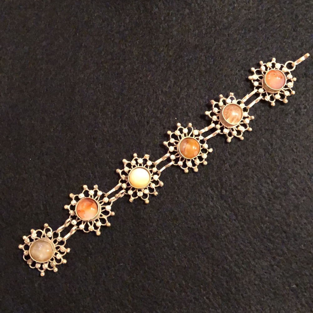 Bohemian Silver and Stone Bracelet, Orange, Cream and White Stones Fabulous